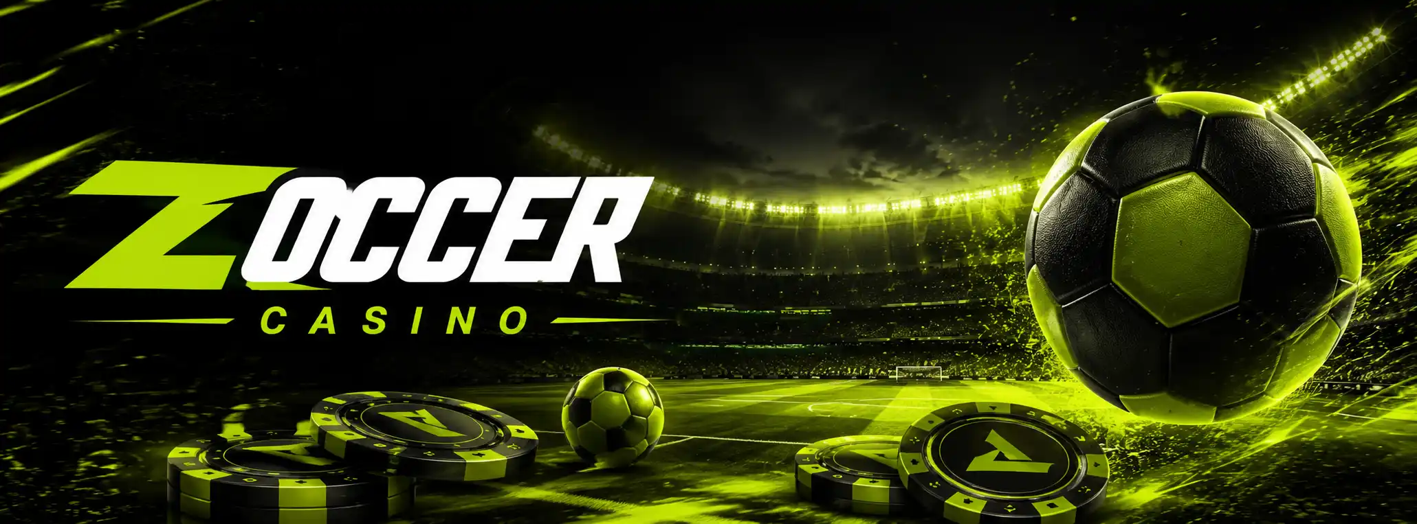 Zoccer Casino football stadium, casino chips and sports betting imagery